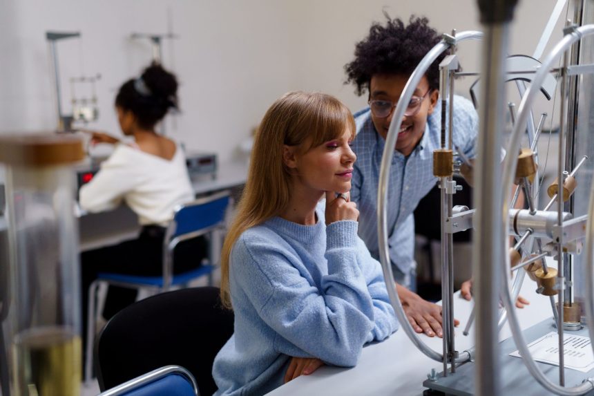Estudantes universitários realizam um experimento científico de forma colaborativa em um laboratório.