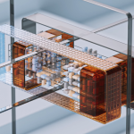 Renderização abstrata de uma estrutura geométrica tridimensional em tons frios, representando um modelo de inteligência espacial.