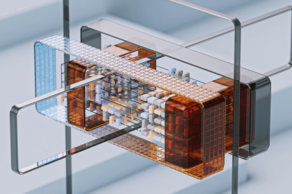 Renderização abstrata de uma estrutura geométrica tridimensional em tons frios, representando um modelo de inteligência espacial.
