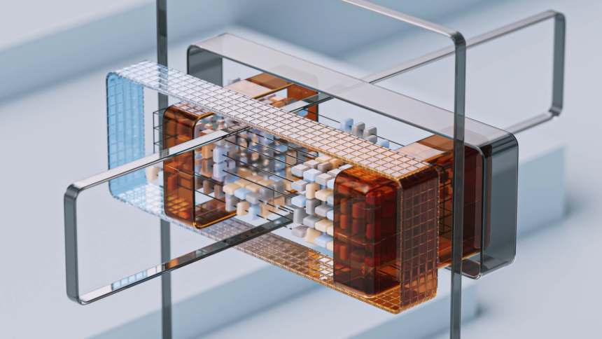 Renderização abstrata de uma estrutura geométrica tridimensional em tons frios, representando um modelo de inteligência espacial.